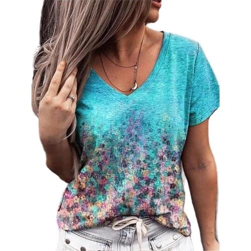 Summer Casual Tee Top Women Short Sleeve V-Neck Shirts Flower Print Tops Female Loose T-Shirt Plus Size Top Pullover
