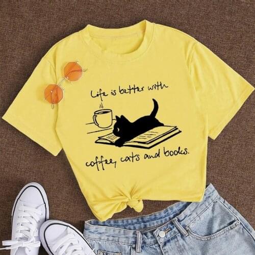 Cotton 100% Summer Women Tshirt Fashion Short Sleeve Cat Printing Kawaii Graphic Clothes Female Casual Vintage T Shirts Tee Tops