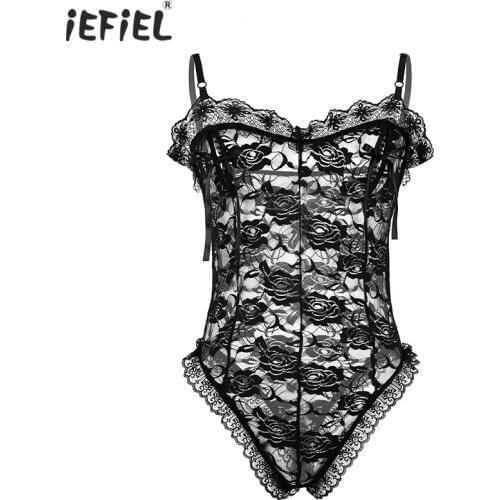 IEFiEL Men Sexy Lingerie Teddies Catsuit See Through Lace Floral Sissy Thong Romper Bodysuit Nightwear Nipple Splits with Ribbon