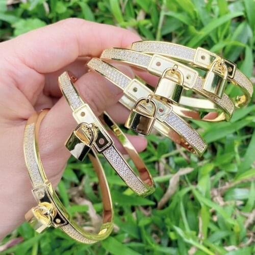 3Pcs Trendy Padlock Zircon Bangles For Women Girls Gold Color Metal Bracelets Best Couple Jewelry Gift