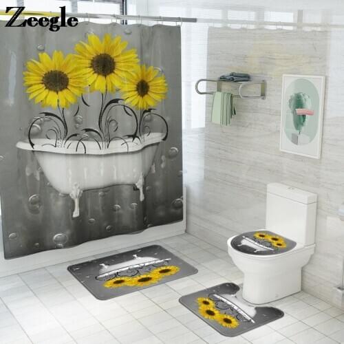 Sunflower Printed Toilet Mat Floral Bathroom Bath Mat and Shower Curtain Set Non Slip Bathroom Carpet Set Toilet Rugs
