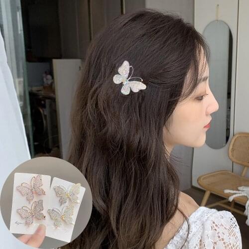 2021 Summer Rhinestone Butterfly Hairpin Korea Fairy Simple Side Card Clip Duckbill Headdress For Woman Hair Accessories