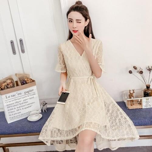 Summer V-Neck Lace High Waist Mini Dress Women Short Sleeve Solid Color Elegant Slim Irregular Party Dresses Ladies Vestidos