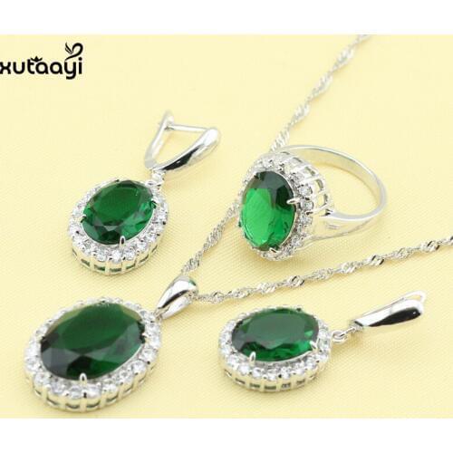 XUTAAYI Fashion Sterling Silver color Overlay Jewelry Sets Green Imitated Emerald Jolly Necklace Rings Earrings Wedding Jewelry