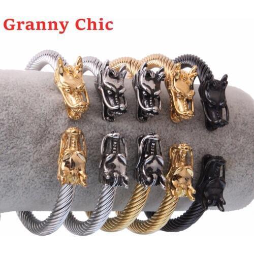 Granny Chic Mens Silver Gold Black Color Stainless Steel Double Dragon Heads Wire Cable Bracelet Men Cable Cuff Bangle Bracelets