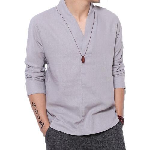 Pullover Shirt Men 2019 Mens Spring Long Sleeve V-Neck Shirts Men Brand Soft Pure Cotton Slim Fit Chinese style Linen Tee Shirts