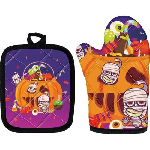 Halloween 3D Printed Non-slip Microwave Oven Mitts Heat Resistant Glove Pad for Home Cooking Baking Kitchen Cook Potholders