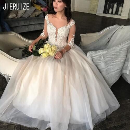 JIERUIZE New Elegant A Line Wedding Dresses Scoop Neck Half Sleeves Lace Appliques Wedding Gowns Lace Up Back vestido de noiva