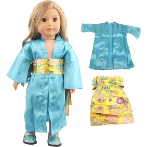 Summer New Pattern Fashion Blue Printed Kimono Two Piece Set Fit 18 Inch American 43cm Baby Doll Clothes Accessories,Girls Toys