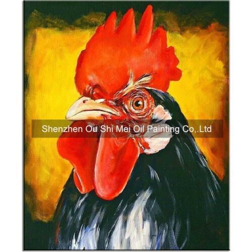Original Hand Painted Red Comb Oil Paintings on Canvas Wall Cock Oil Painting Handmade Year of the Rooster Picture Decor Artwork
