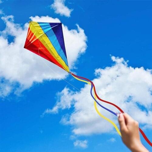 Five-color Rainbow Big Diamond Kite 1pc Colorful Rainbow Kite Long Tail Outdoor Kites Flying Toys With Control Bar And 30m Line