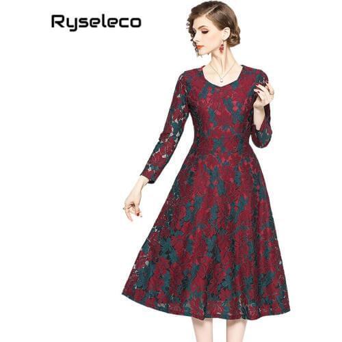 Queeen 2018 Fall Winter Womens Lace Dress Elegant Hollow Out Midi Swing Vestido Casual Slim Office Quality Party Flare Dresses