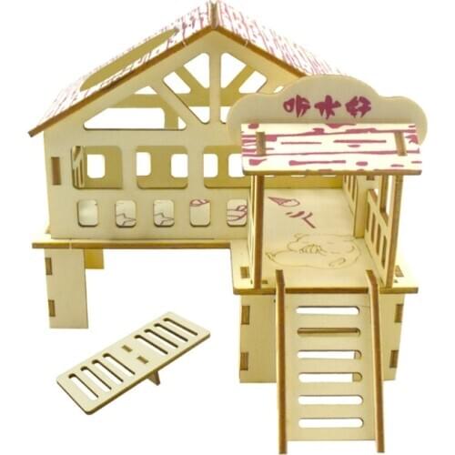 Hamster Hideout Wooden Hut Small Animals Double Layer Villa Rat Room House Cage GXMA