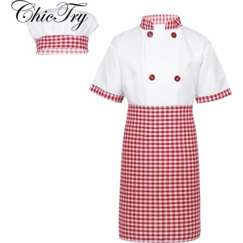 Unisex Kids Boys Girls Chef Uniform Jacket with Apron Hat Kitchen Cook Cosplay Party Halloween Costume Set Roleplay Outfits