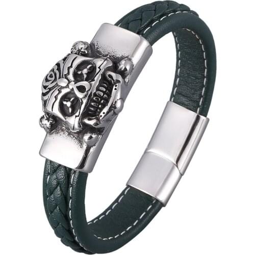Green Braided Leather Bracelets Men Hand Jewelry Punk Wristband Stainless Steel Skull Magnetic Buckle Trendy Bangles Gift PD0893
