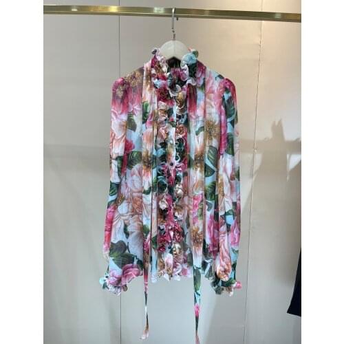 Women 2021 fashion new long-sleeved sexy casual silk printed shirt 0317