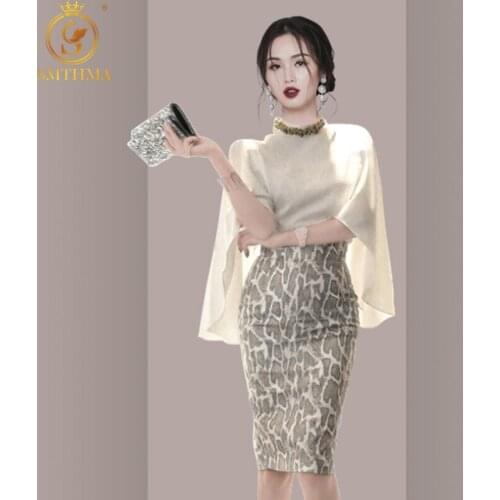 SMTHMA Womens Two Pieces Set New White Poncho Tops +High Waist Slim Snake Print Temperament Skirt Suit With Necklace