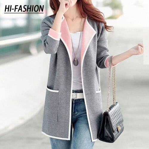 HI-FASHION Autumn Womens Korean Slim Sweater Jacket Joker Medium length Female Long Sleeve Cardigan Large Size Sweater y2k