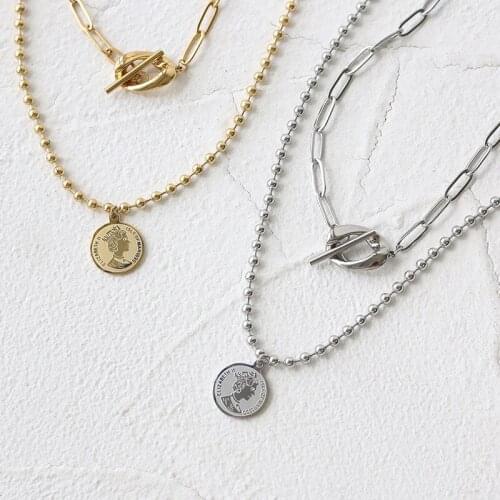 Necklace for Women Elizabeth Ⅱ Queen Portrait Round Pendant 2-Color Titanium Steel 2-Layer Chain OT Buckle Vintage Jewelry GN404