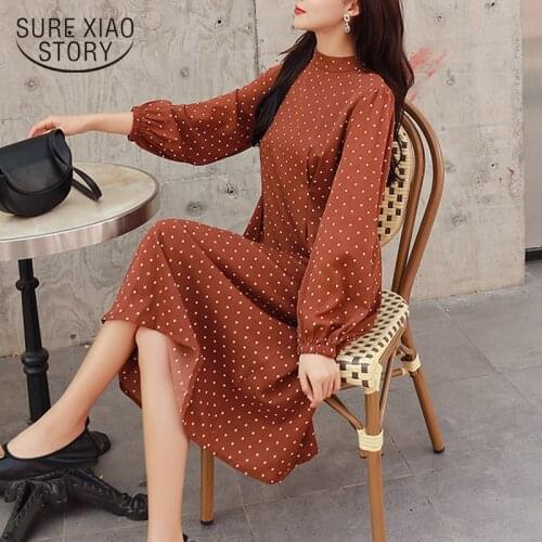 2021 Spring Elegant A-line Dresses Korean Loose Polka Dot Pullover Women Dress Vestidos Round Collar Mid-Length Long Dress 8835