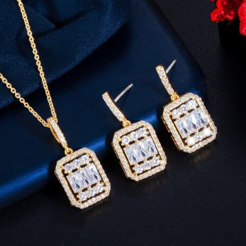 2021 new fashion square crystal CZ zircon necklace earrings party ball jewelry wedding dressing banquet formal jewelry SET