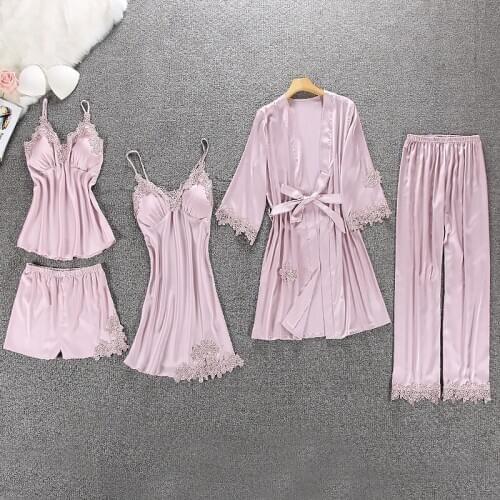 5pcs/Lot Womens Faux Silk Sleepwear Set Robe & Gown Sets Lace Bathrobe +Night Dress Female Sexy Sleep Set Robes Nightgown