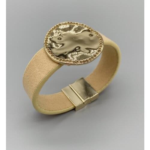 FoLisaUnique Beige Color Wide Velvet Leather Bracelet For Women Girls Gift Trendy Jewelry Gold Plated Champagne Rhinestones 19cm