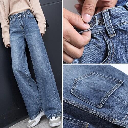 Spring Autumn Womens Pants Fashion High Waist Straight Wide Leg Jeans Female Streetwear Vintage Casual Loose Denim Trousers