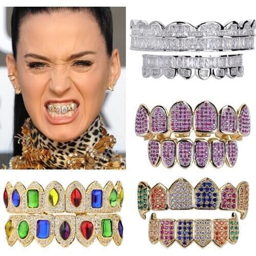 Gold Full Colorful CZ Zircon Iced Out Grillz Brace Punk Hip Hop Dental Mouth Fang Grills Vampire Tooth Cap Cosplay Rap Jewelry