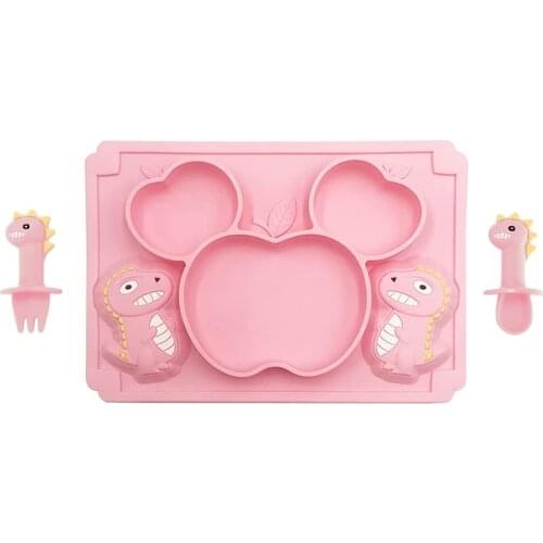 Cartoon Fruit Dinosaur Food Grade Silicone Dinner Baby Plate Placemat Set with Oversized Suction Cup Fork Spoon BPA Free