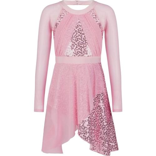 Kids Girls Shiny Sequins Leotard Dress Halter Neck Long Sleeve Irregular Dress Ice Skating Roller Skating Dance Costume