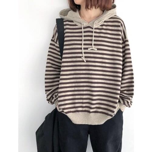 Hooded Cotton Knitted Women Sweater Pullovers Striped Vintage Loose Casual All Match Female Pulls Outwear Tops