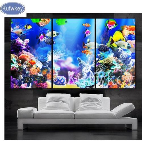 Full Square 5DIY Diamond Painting triptych"beautiful Aquarium Fish"diamond embroidery Mosaic diamond Cross Stitch Wall decor