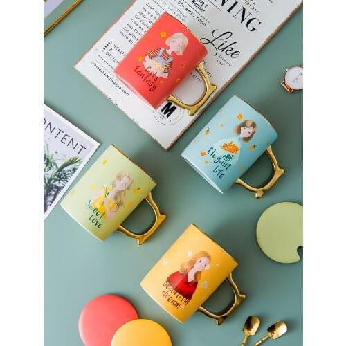 Flower-picking Girl Ceramic Mark Water Cup with Lid Spoon Luxury High-level Design Feeling Gold Girlfriends Gift Coffee Cup
