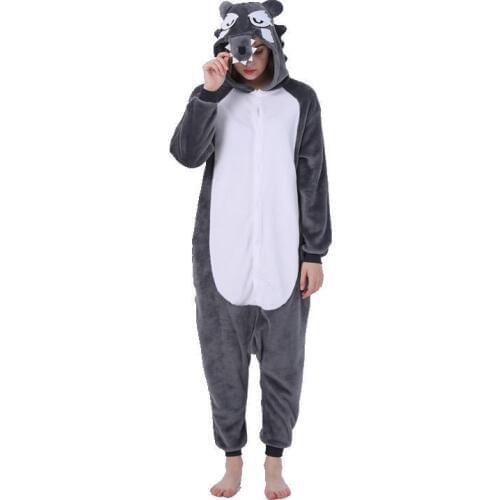 Black Wolf Kigurumi Onesie Adult Women Animal Pajamas Suit Flannel Warm Soft Sleepwear Onepiece Winter Warm Pijama Cosplay