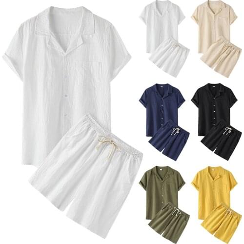 Summer Mens Short Sleeve Solid Colors Cotton Linen Lapel Button T-shirt High Waist Shorts Breathable Two Piece Casual Sets#g3