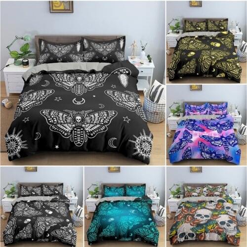 Moth Bedding Set Gothic Skull Duvet Cover Set Butterfly Bed Linen 2/3Pcs Moon Stars Quilt Cover Queen King Size Home Textiles
