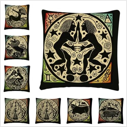 Retro constellation totem cartoon LOGO Linen Cushion Cover Pillow Case for Home Sofa Car Decor Pillowcase45X45cm