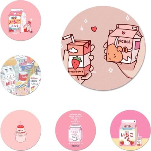 Kawaii Japanese Strawberry Milk food Icons Pins Badge Decoration Brooches Metal Badges For Backpack Decoration 58mm