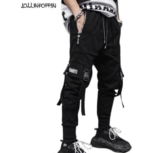 Punk Men Tactical Jogger Pants Buckle Strap Pockets Hip Hop Streetwear Drawstring Elastic Waist Mens Tapered Cargo Pants
