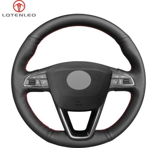 LQTENLEO Black Genuine Leather HandSewing Car Steering Wheel Cover For Seat Leon Arona Ateca Alhambra 5F Mk3 Ibiza 6J Tarraco