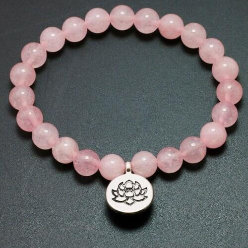 Natural Pink Crystal Bracelet Healing Biddha Charm Bracelets Wrist Mala Beads Stone Lotus Yoga Bracelet Chakra Jewelry Women