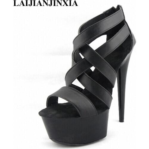 New black allure sexy Rome 15cm ultra high heel sandals, model runway Dance Shoes