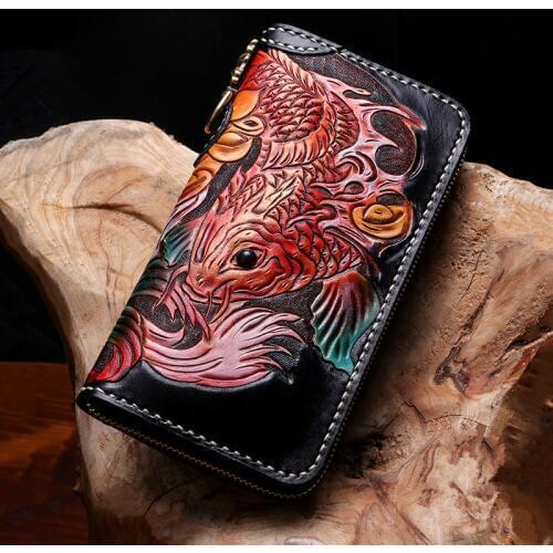 New Years Gifts Handmade Women Carp Wallets Bag Purses Men Long Clutch Vegetable Tanned Leather Wallet Free Design