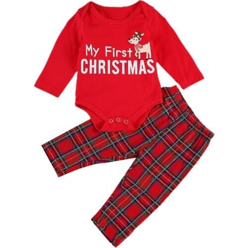 2020 Fall 2Pcs Baby Girls Boys Christmas Clothing Set Red O-Neck Long Sleeve Rompers + Plaid Elastic-Waist Pants 0-18M Outfits