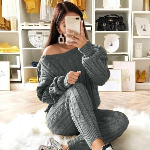 Autumn Winter Knitted Two Piece Set Women Long Sleeve Crop Top And Pants Suits Sexy 2 Piece Set Lounge Wear Streetwear