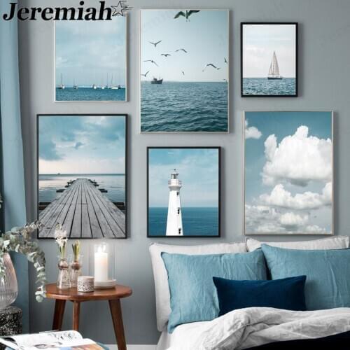 Nordic Blue Sky Landscape Canvas Poster Ocean Boat Lighthouse Poster Wall Art Modern Aesthetic Home Decoration Accessories