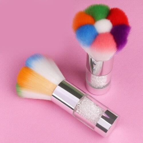Rainbow Colorful Petals Nail Art Cleaning Brush Acrylic Powder Dust Remover with Rhinestone Metal Handle Manicure Tools
