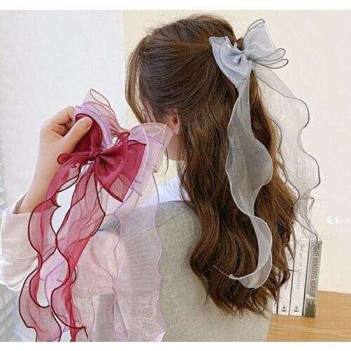 Bow Ribbon Hairpin Girl Candy Color Organza Long Ribbon Hair Clips Popular Two-layer Ribbon Women Barrettes Fashion Headdress