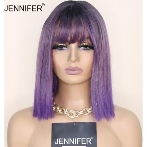 Synthetic Wigs For Women Shoulders Short Straight Hair Ombre Malachite Green/Misty purple wig with Bangs Cosplay Heat Resistant